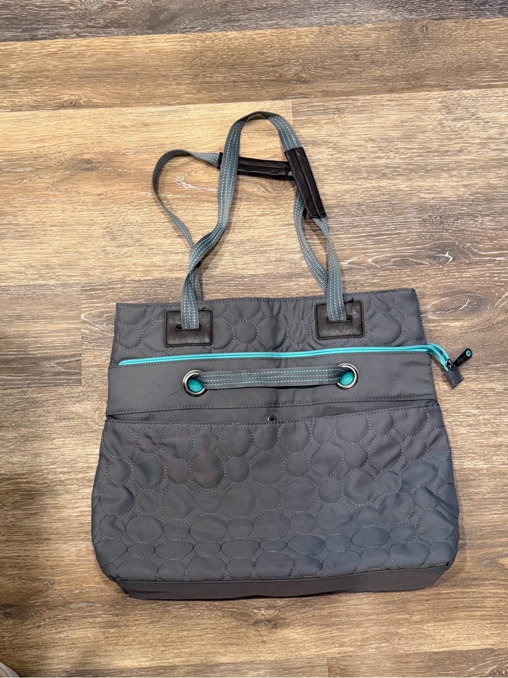 thirty-one Gray Quilted Tote with Teal Trim